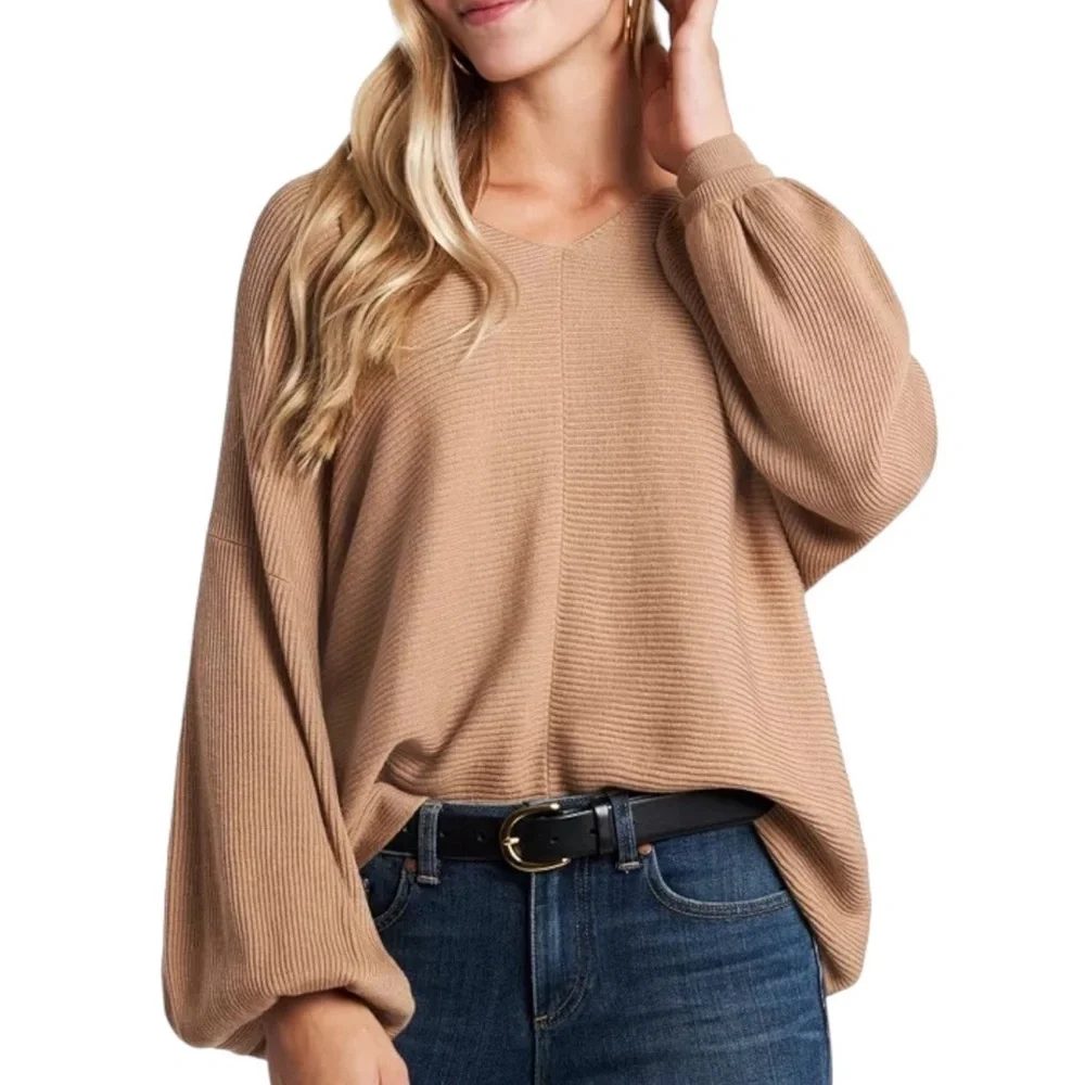 1. State Rib Knit Bubble Sleeve Pullover Sweater in Wild Oak Medium
